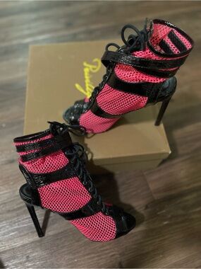 Lace-Up High Heel Ankle Boots in Pink and Black